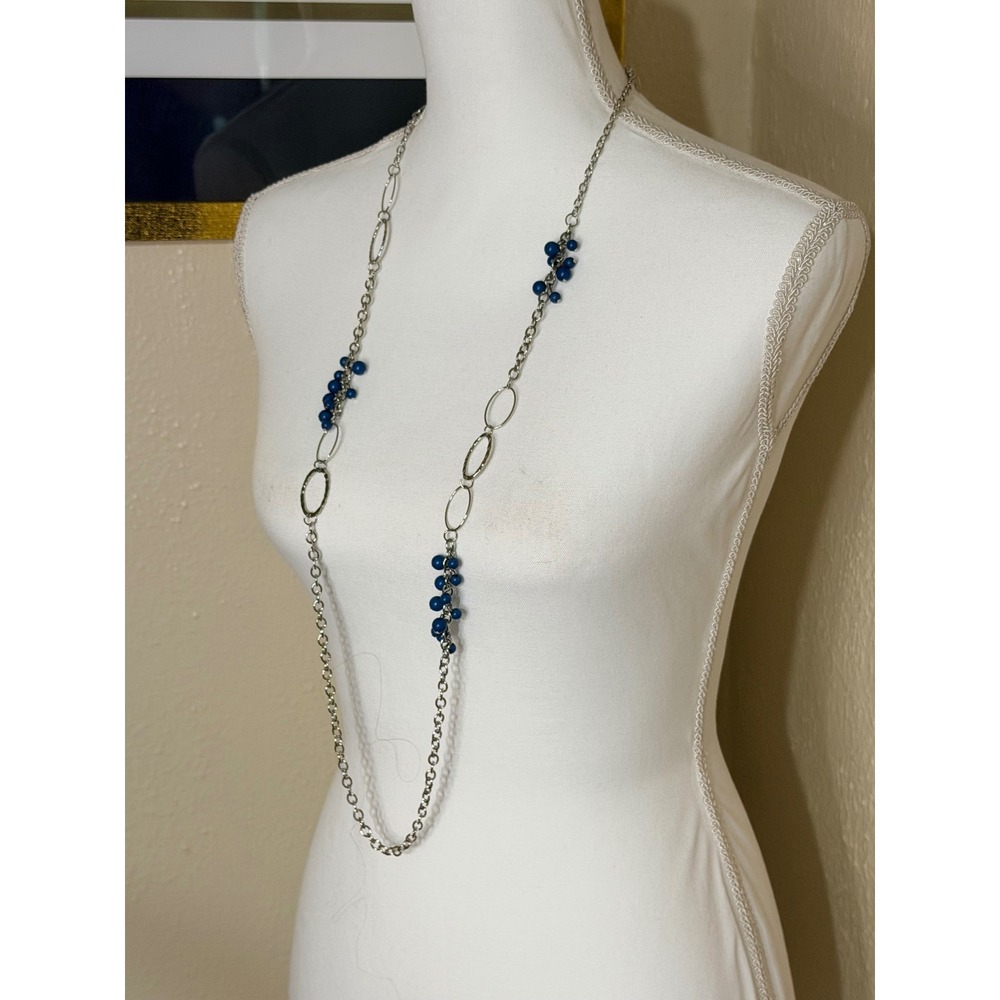 Long Silver Tone Oval Link Necklace with Blue Bead Clusters 36 Inch Opera Chain
